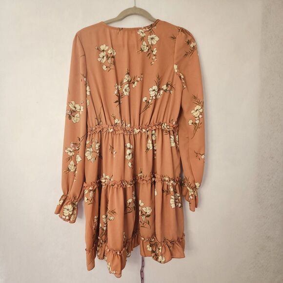 INSPIRED HEARTS NWT Sz L Terra Cotta Vneck Dress Puff Sleeve Tiered Ruffle Trim - Picture 3 of 6